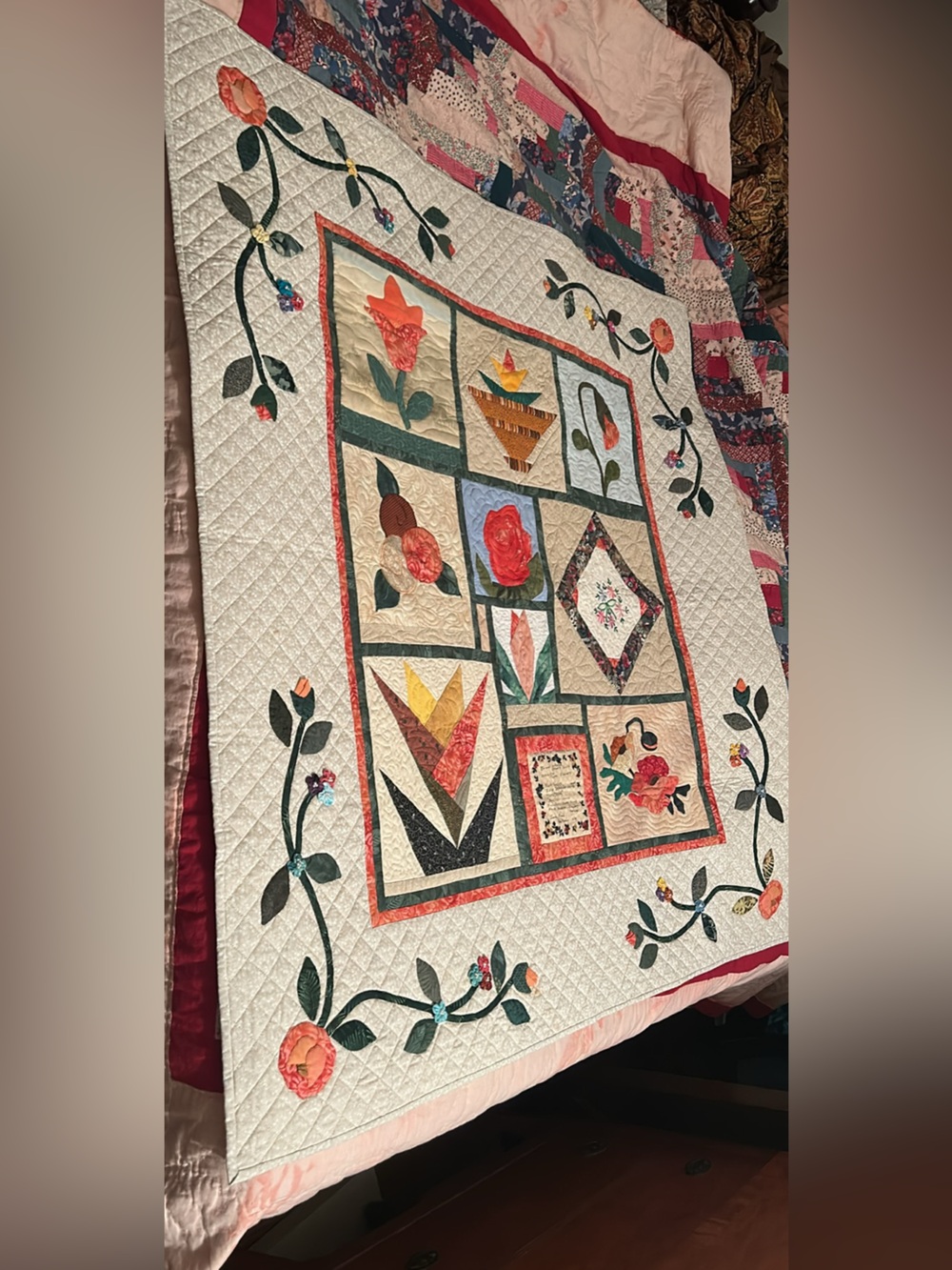 hand-assembled patchwork and appliqué quilt, wall hanging 49”x46”